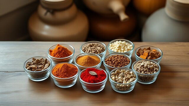 An artistic arrangement of spice cups on a wooden table from an overhead perspective.