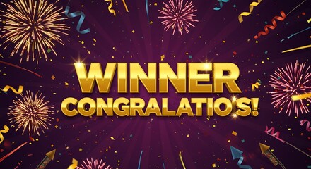 Winner congratulations celebration festive design with fireworks and confetti
