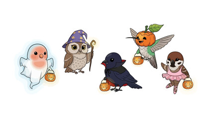 Spooky avian squad: A whimsical collection of illustrated birds, dressed in Halloween costumes, stands ready for trick-or-treating. Perfect for spooky celebrations.