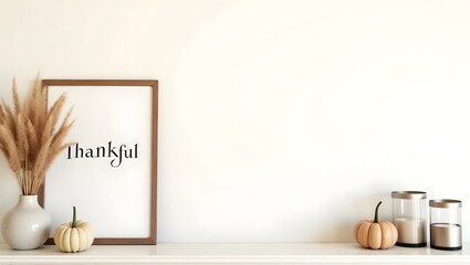 Minimalist mantel decor with thankful framed print dried pampas grass pumpkins and candles on white shelf evoking autumn gratitude home warmth
