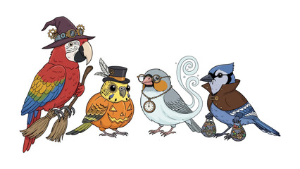 Whimsical feathered friends: A quartet of enchanting birds, each adorned in unique steampunk-inspired attire, strike a pose.