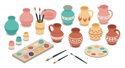 Colorful ceramic pottery set with paintbrushes and palette in isometric style