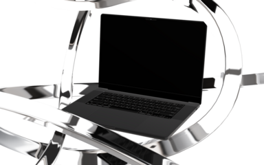 Sleek modern laptop resting elegantly within dynamic metallic rings, showcasing cutting-edge technology and sophisticated design for digital innovation.