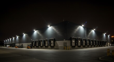 Warehouse exterior at night with loading docks and illuminated spotlights
