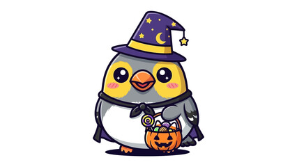 Spooky Bird at Halloween: A charming animated avian figure in an adorable wizard costume, holding a pumpkin treat basket, embodying the fun of Halloween.