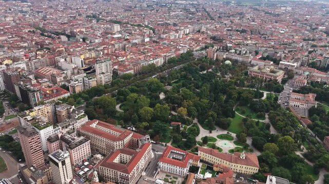 Drone view of Indro Montanelli Gardens and more in Milan, Italy