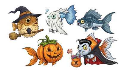 Halloween Fish Collection: Whimsical cartoon illustrations of various fish dressed in Halloween costumes, including a witch, ghost, pumpkin, and vampire, perfect for festive seasonal designs.
