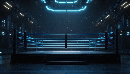 Futuristic boxing ring in a dark, technologically advanced arena.  Neon blue lights illuminate the space
