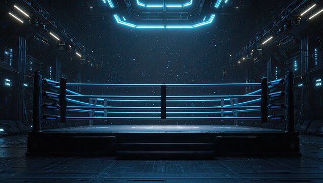 Futuristic boxing ring in a dark, technologically advanced arena.  Neon blue lights illuminate the space