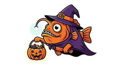 Halloween Fish Celebration: A cartoonish fish in a witch hat, holding a pumpkin basket, offering a spooky Halloween invitation.