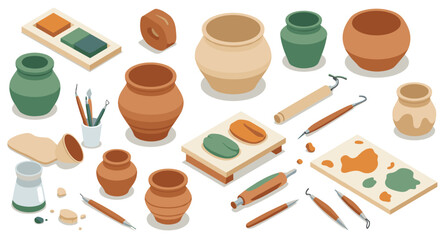 Ceramic pottery tools and clay sculpting set in isometric style for creative workshops