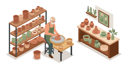 Isometric pottery workshop scene with potter crafting clay on wheel