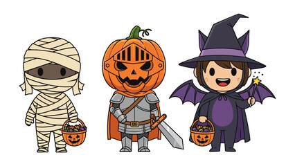 Spooky Trio: Whimsical illustrated characters, a mummy, a jack-o'-lantern knight, and a witch, decked out in Halloween costumes, each carrying a trick-or-treat basket. © mstmahmuda