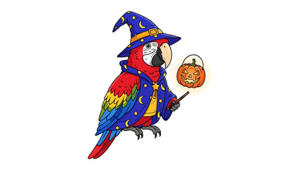 Whimsical Wizard Parrot: A vibrant parrot, dressed in a wizard's attire with a magic wand and jack o' lantern, in a cartoon scene. 