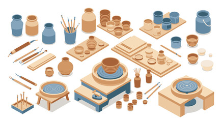Isometric pottery workshop tools, equipment, and clay creations on display