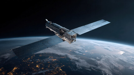 Satellite in Earth Orbit Above City Lights