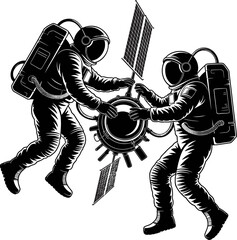 Astronauts Collaborating in Outer Space to Assemble a Complex Satellite Component in a Dynamic and Inspiring Illustration of Futuristic Space Exploration and Scientific Endeavor © MD FARID