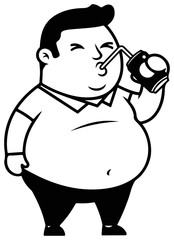 Overweight man drinking soda from a can with straw