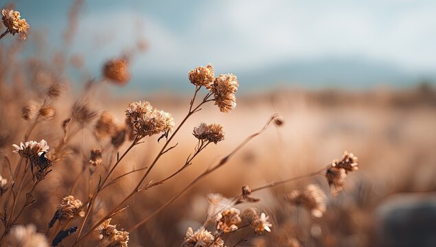 Dried wildflowers in a golden field. Soft focus on delicate, light brown blossoms, with blurred background of dried grasses and a hazy, light-blue sky