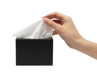 hand pulling tissue from box, isolated on white background.