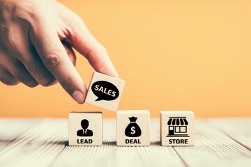 Conceptual image of a business sales process, from lead generation and deal negotiation to the final store purchase