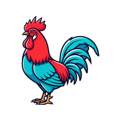 Colorful rooster standing upright with red comb and blue feathers