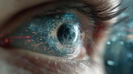 A close-up view of a human eye is enhanced with digital elements and glowing effects. The image captures a combination of natural beauty and technological innovation creating a captivating visual.