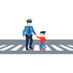 Police officer assisting child crossing street at crosswalk