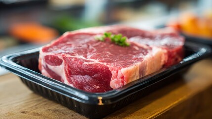 A premium ribeye steak sits on display in a black tray at a butcher shop. This cut features rich marbling and fresh herbs. It is perfect for grilling or roasting.