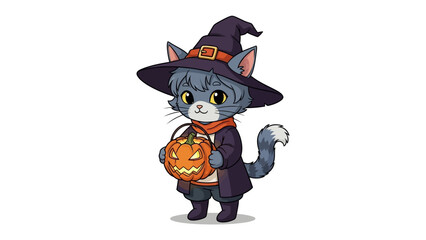 Halloween Cat: A charming cartoon cat adorned in a witch's hat and coat, clutching a carved pumpkin, embodying the spirit of Halloween.