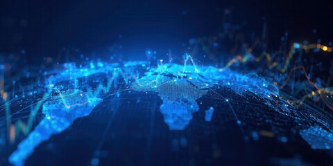 Dynamic data visualization of global trends digital world infographic high-tech environment aerial view technology insights