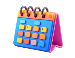 A colorful, 3D-rendered desktop calendar with visible days & a bright aesthetic