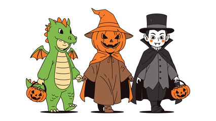 Halloween Costume Trio: a captivating cartoon depiction of Halloween characters holding hands. The trio radiates joy and the anticipation of adventure, embracing the spooky spirit.