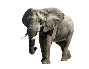 Fototapeta premium A majestic African elephant with tusks, walking forward, isolated on black