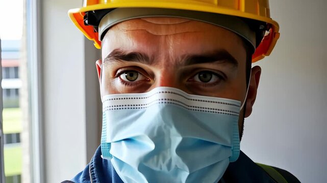 Construction Worker Wearing Safety Gear Including Helmet and Face Mask in Indoor Work Environment for Health Protection