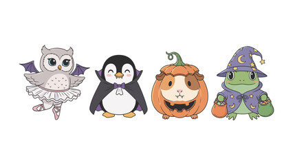 Halloween Costume Fun: A collection of charming cartoon characters, including an owl, penguin, guinea pig, and frog, each adorned in delightful Halloween costumes.