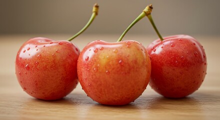 Vibrant red cherries with stems on wooden surface close up