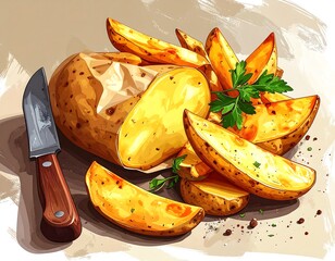 Roasted Potato Wedges with Knife.