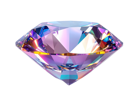 Rendered image of a large, multi-faceted diamond, iridescent and sparkling