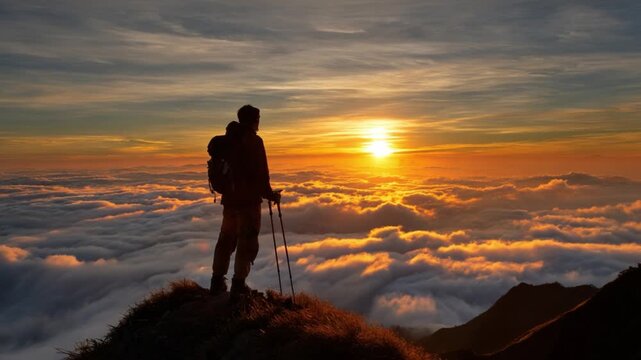 Summit Silhouette: A lone hiker stands triumphantly atop a mountain peak, framed by the majestic glow of sunrise. Capturing the indomitable spirit of adventure and the awe-inspiring beauty of nature.