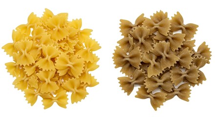 Two piles of uncooked pasta isolated on white background overhead view