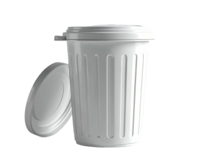 A white, cylindrical waste receptacle with a slightly ajar lid on a black backdrop