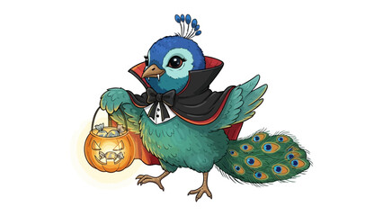 Halloween Peacock: A cartoon peacock with festive Halloween spirit, dressed in a vampire cloak, holding a jack-o'-lantern, ready for trick-or-treating! 