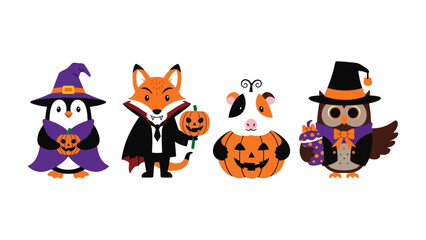 Whimsical Halloween Menagerie: A quartet of charming animals, each adorned in festive Halloween costumes, stands ready to greet trick-or-treaters with a playful spirit.