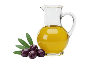 Isolated olive oil in glass pitcher, with four dark olives and a sprig of leaves nearby