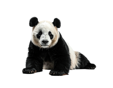 A giant panda lies down, black and white fur, facing forward, isolated on black