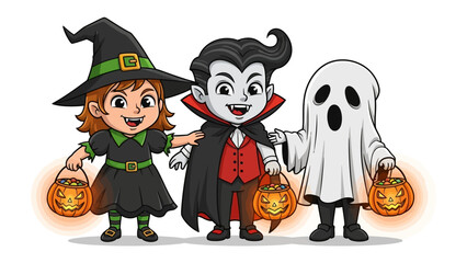 Halloween Trio in Costumes: A playful illustration captures the spooky spirit with a witch, vampire, and ghost ready for trick-or-treating, holding glowing jack-o'-lanterns, against a clean backdrop.