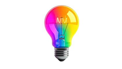 A rainbow-colored lightbulb on a black background, idea-filled