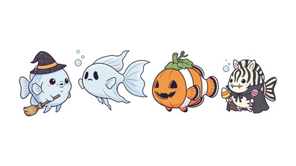 Spooky Fish Halloween Celebration: A delightful assembly of whimsical aquatic creatures in festive Halloween costumes, each radiating charm and playful spirit.
