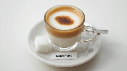 Fototapeta premium Savoring artisanal macchiato cozy coffee shop beverage photography minimalist atmosphere close-up view flavorful experience